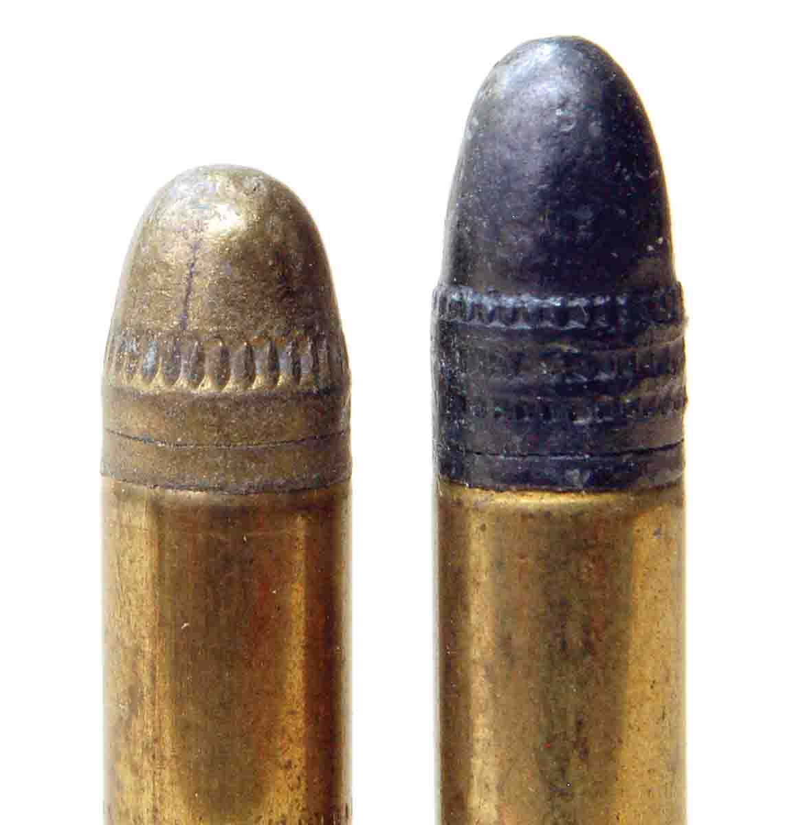 The blunt shape of a 29-grain Long bullet and its much shorter bearing surface (left) is compared to the 40-grain Long Rifle.